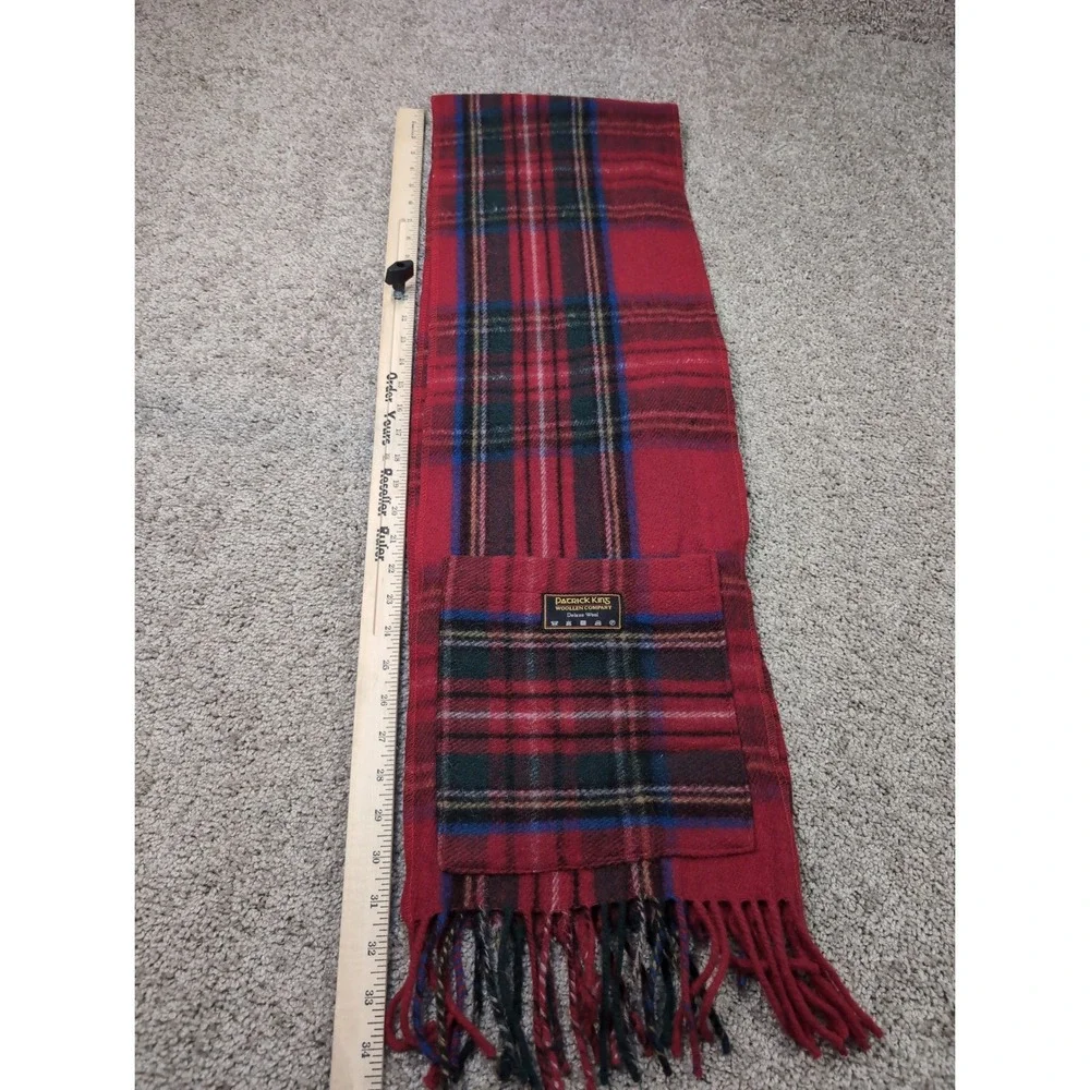 Patrick King Woollen Company Red Tartan Plaid Deluxe Wool Scarf Pocket‎ Fringe